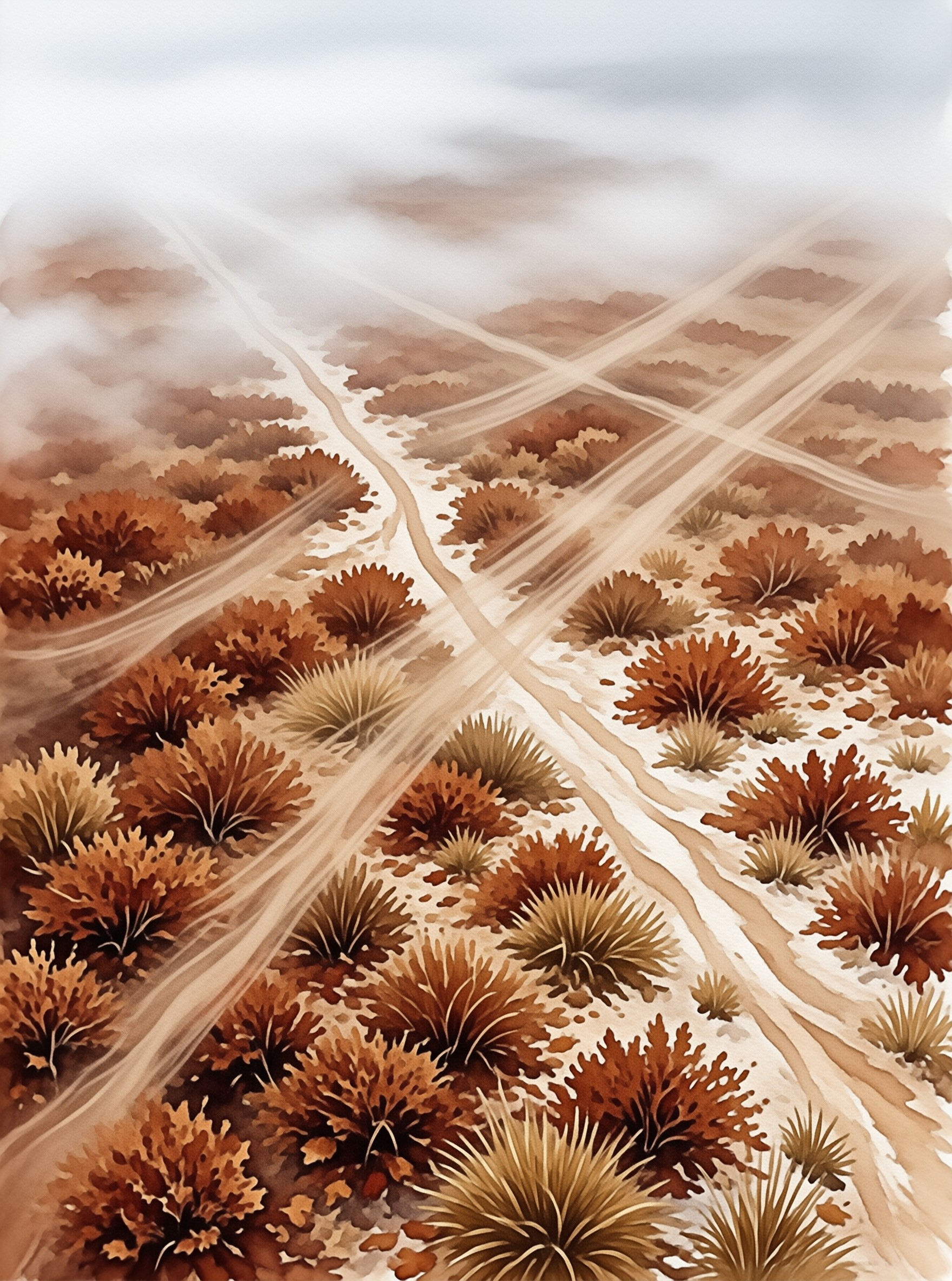 Loose pigment renders rust-colored clump bushes and pale intersecting tracks receding beneath a hazy washed sky