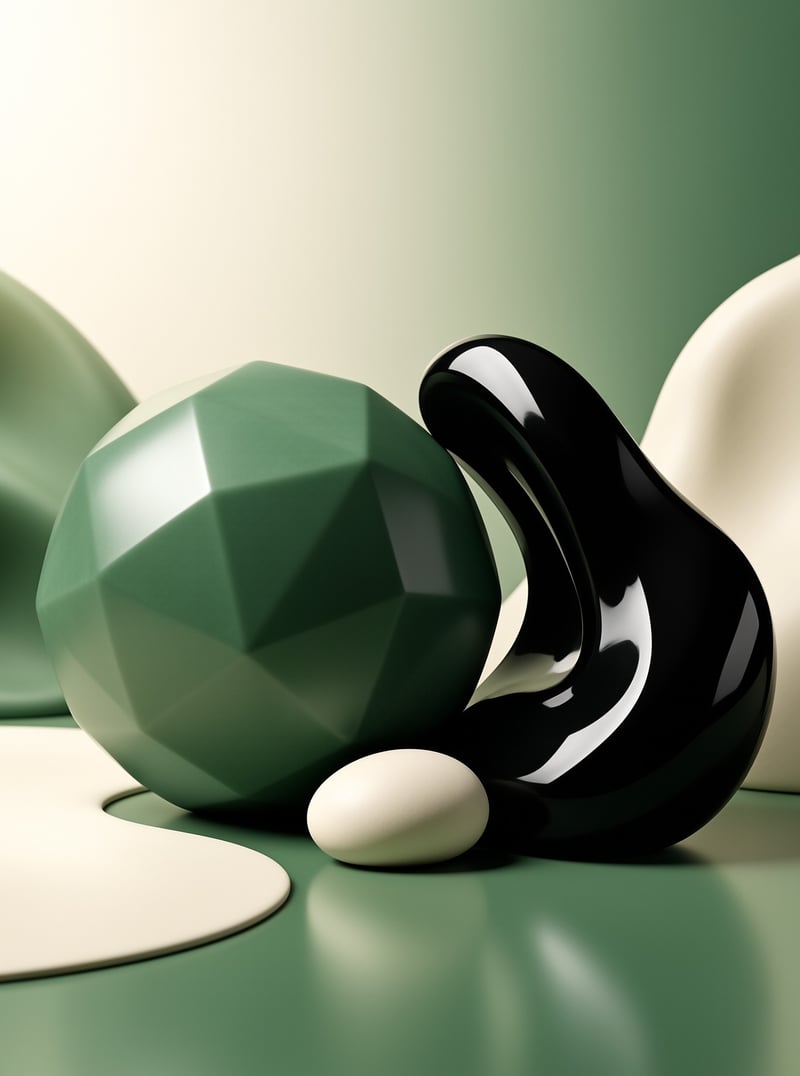 Minimalist 3D art featuring a faceted green shape, a white pebble, and a twisted glossy black object on a soft surface.