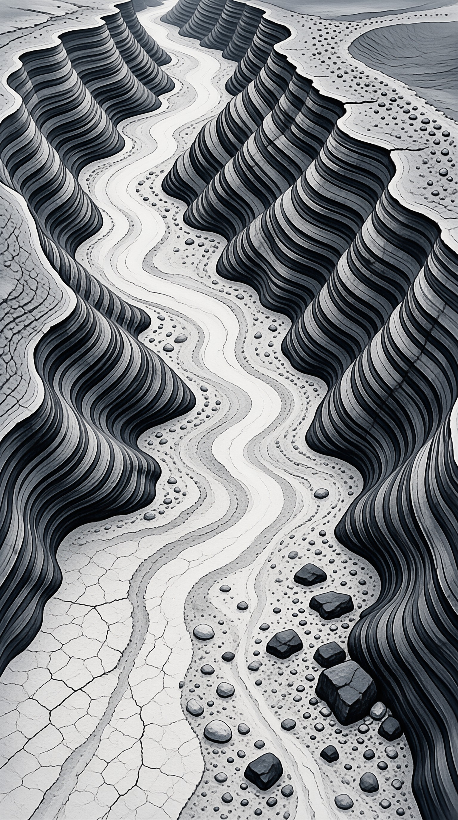 Black and white view of ridged layered rock formations bordering a sinuous cracked arid watercourse strewn with pebbles.