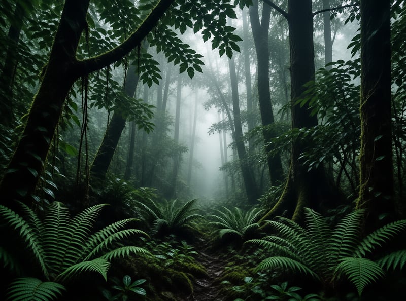A muddy path winds through dense ferns and mossy trees in a foggy forest with diffused light filtering through the canopy.
