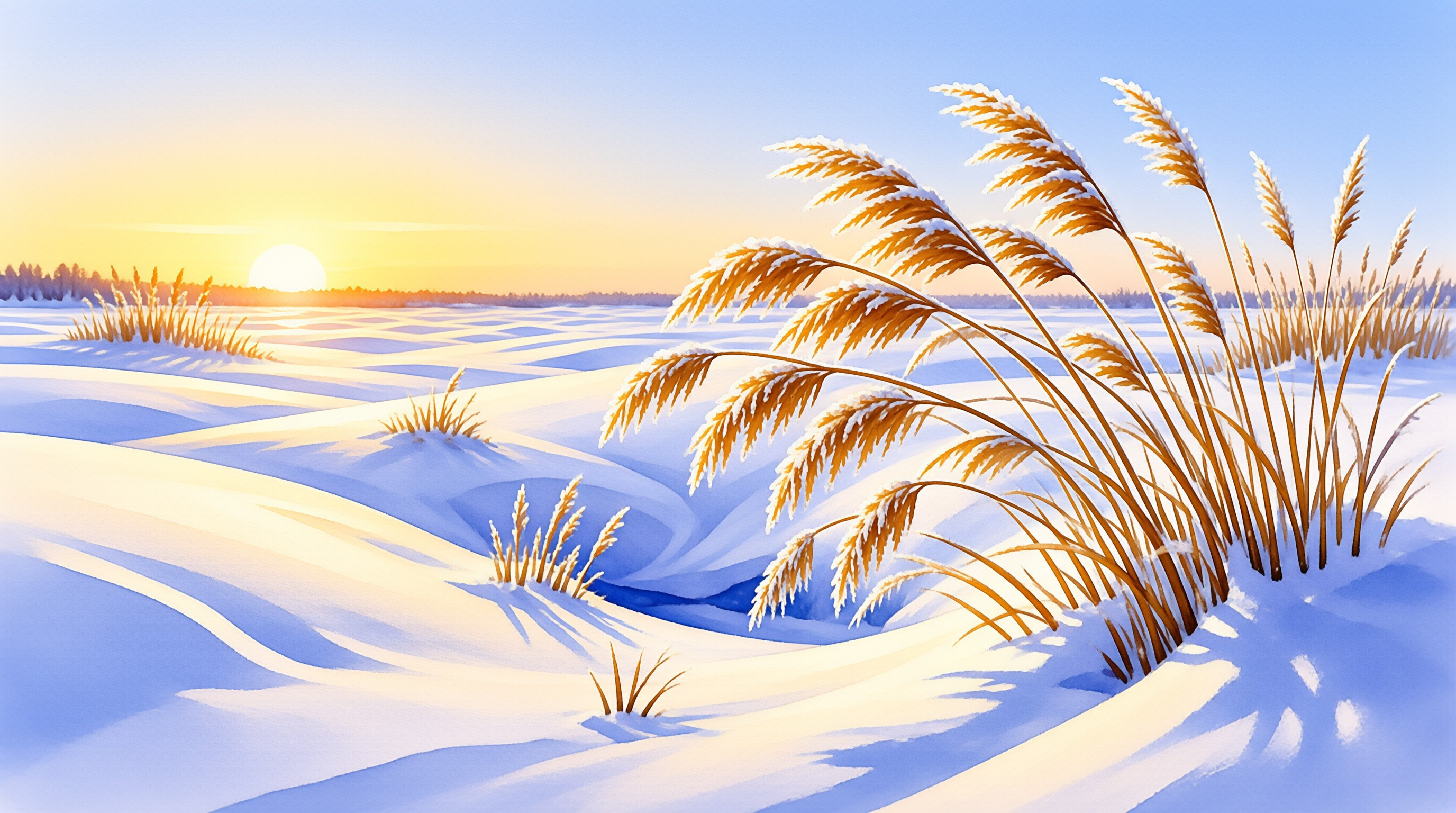 Tall golden wheat stalks dusted with frost stand prominently in the right foreground of a vast white snowy field while a low sun casts warm orange light across the rolling hills and distant treeline under a clear blue sky.