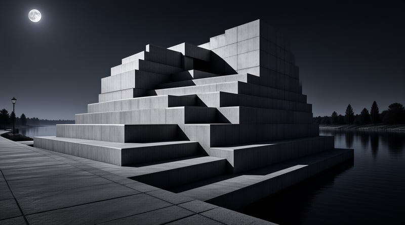 A large geometric stone monument rises from the water at night under the glow of a bright full moon in the sky.