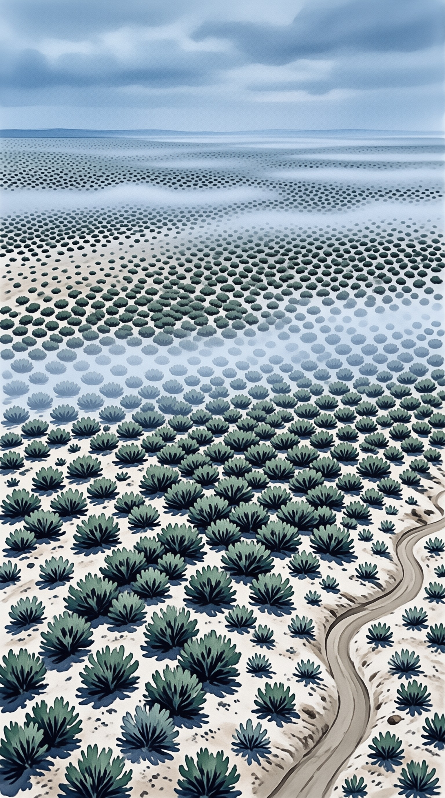 A winding dirt road cuts through a vast field of green succulent plants beneath a cloudy blue sky.