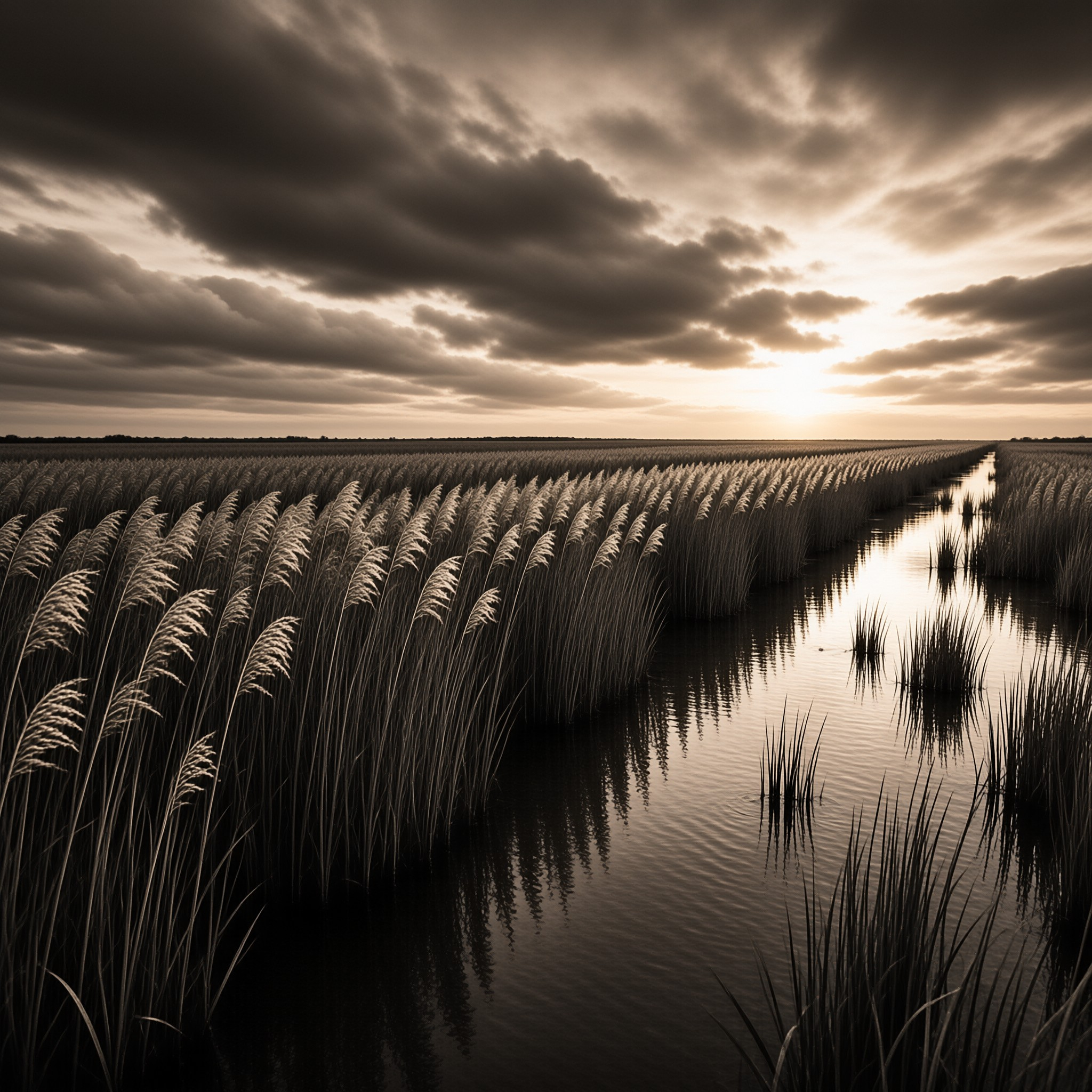 A wide expanse of wetland vegetation splits around a narrow stream that reflects the bright sun breaking through clouds.