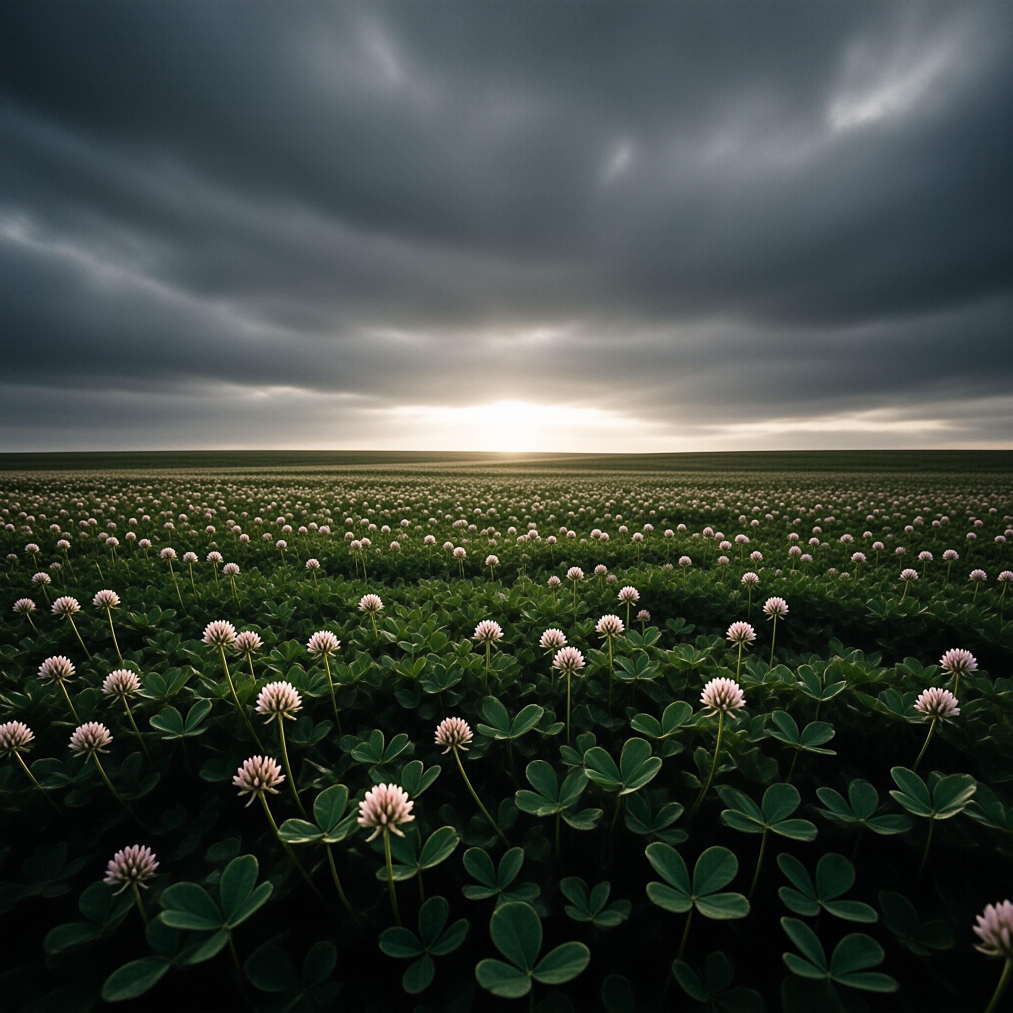 White clover blooms stretch across a green field beneath heavy clouds with sunlight breaking through at the horizon.