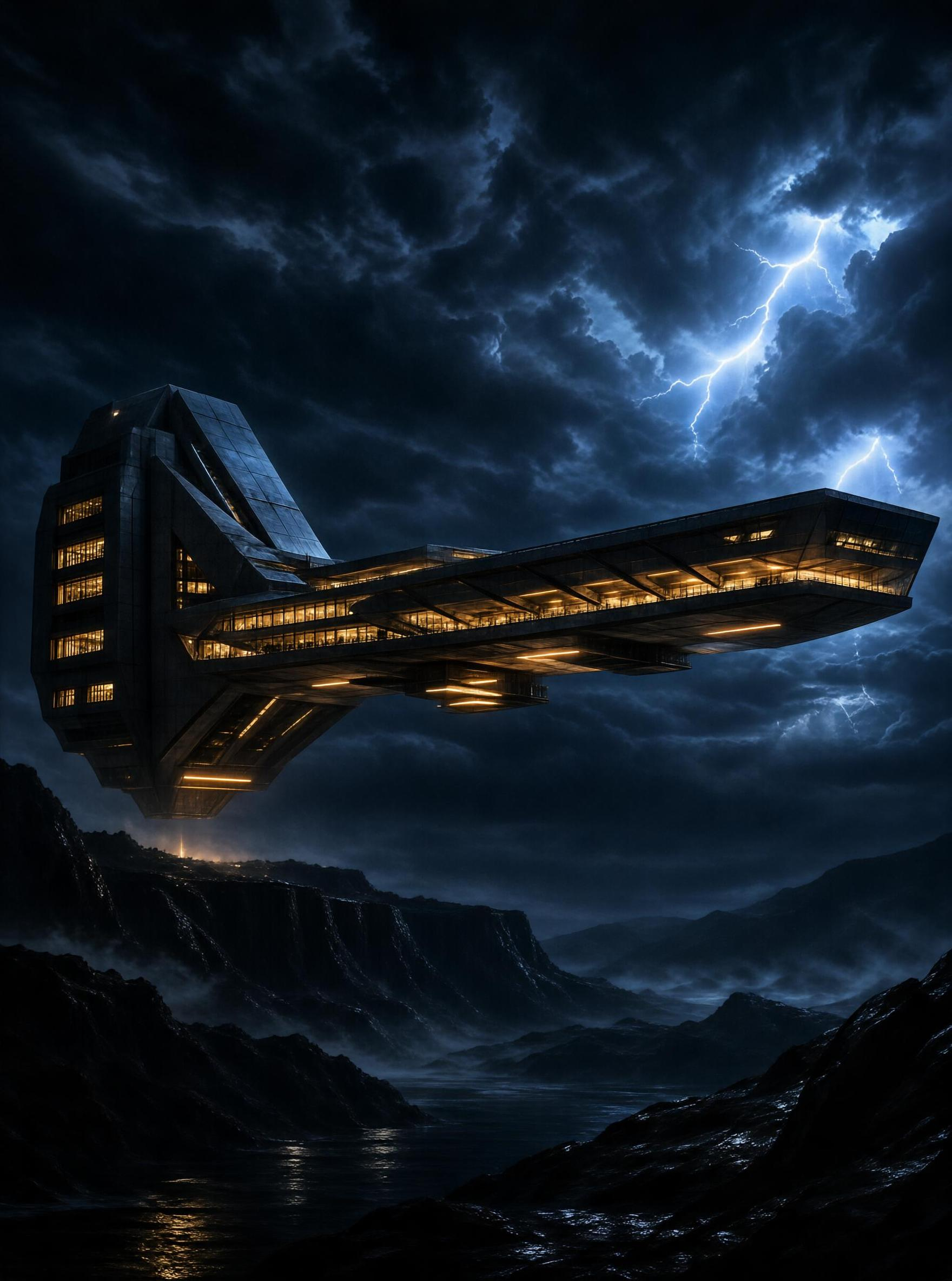 Futuristic Floating Building in Stormy Night