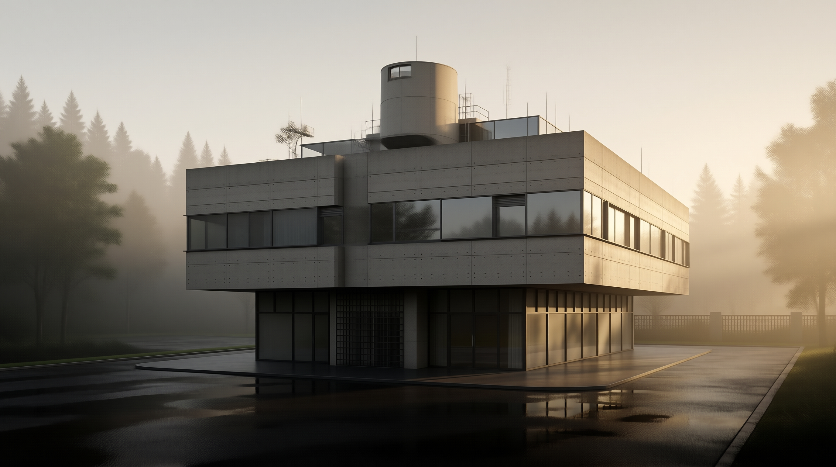 Modern Building in Mist