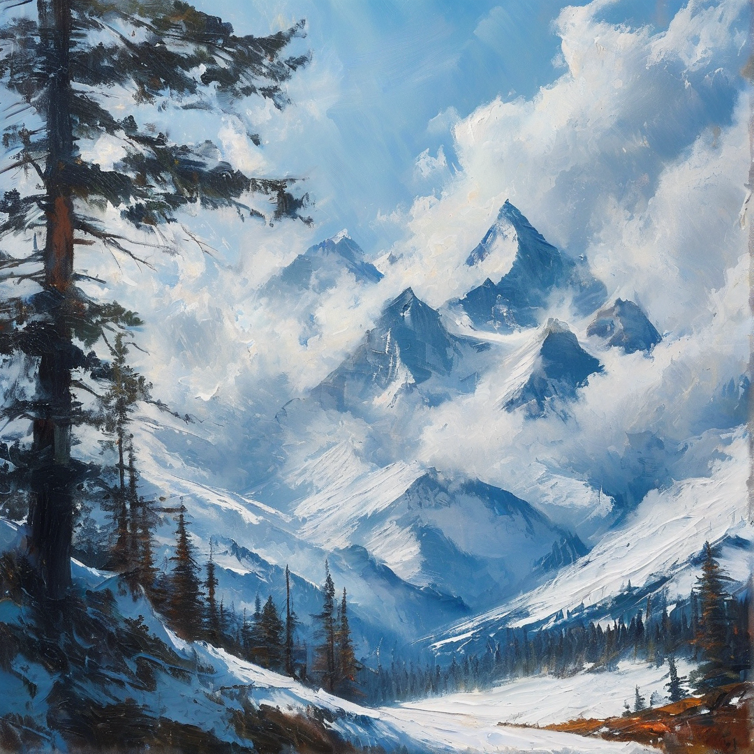 A painted landscape depicts towering alpine summits shrouded in billowing white clouds while dark evergreen trees stand in the foreground against a bright blue sky.