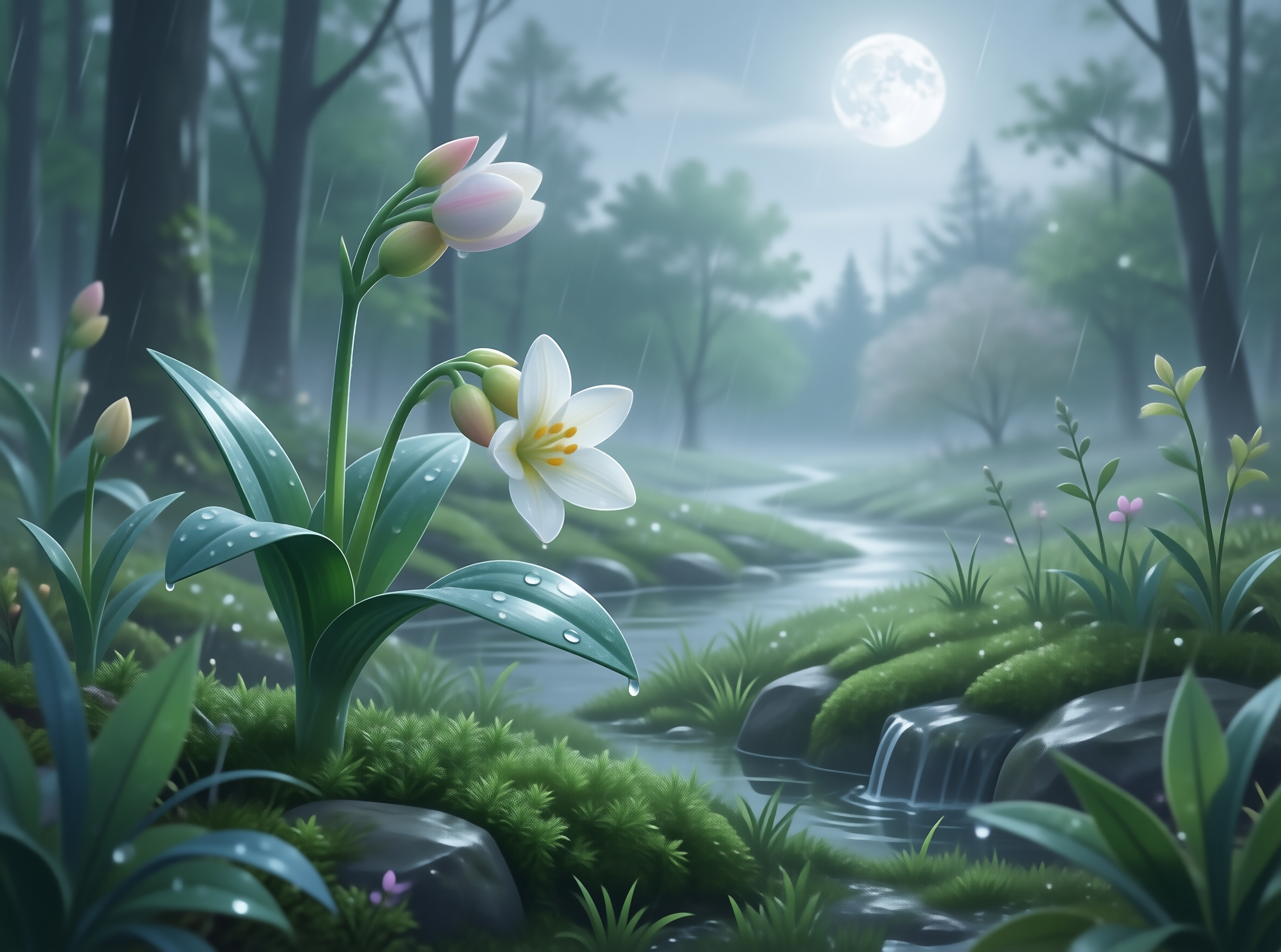 Misty Moonlit Forest Scene