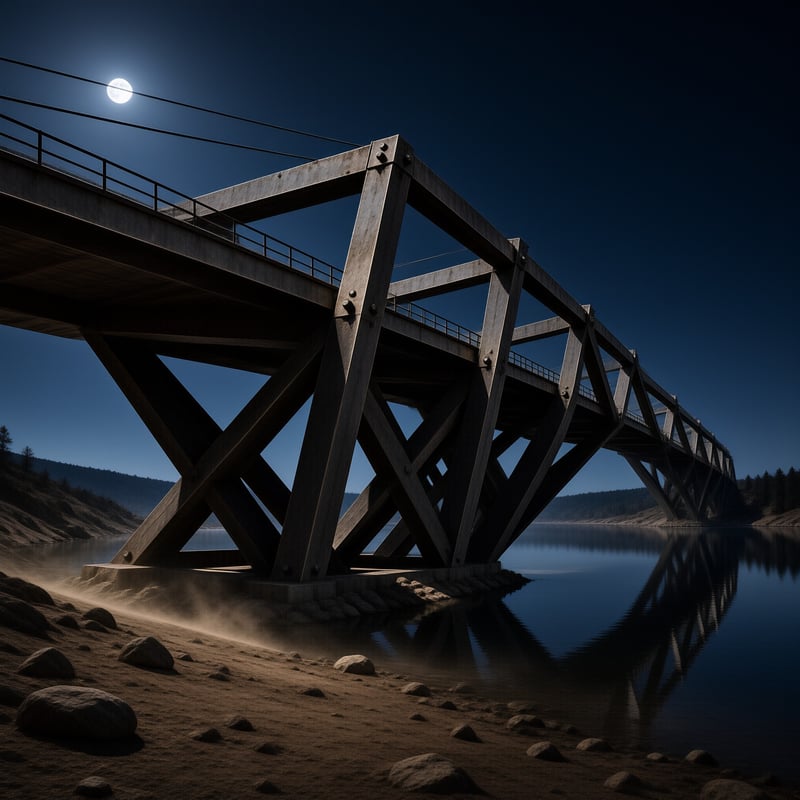 A long riveted steel bridge spans still dark water under a bright full moon with faint mist curling along the rocky shore.