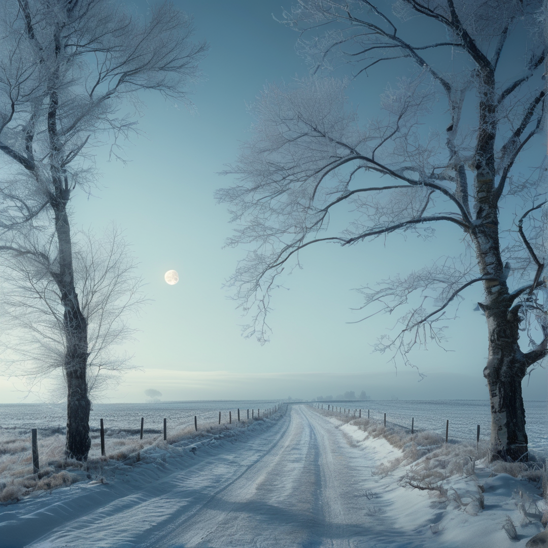 A long snowy road stretches towards a frozen body of water lined with tall trees covered in frost under a pale sky.