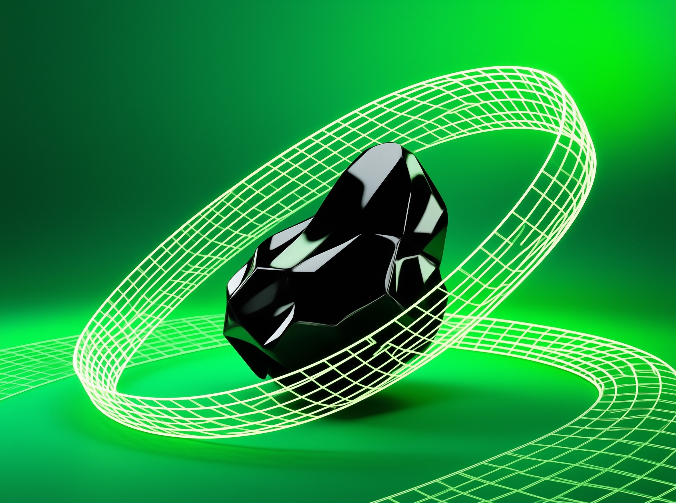A shiny black gemstone rests on a winding yellow grid ribbon against a bright green backdrop with sharp highlights.