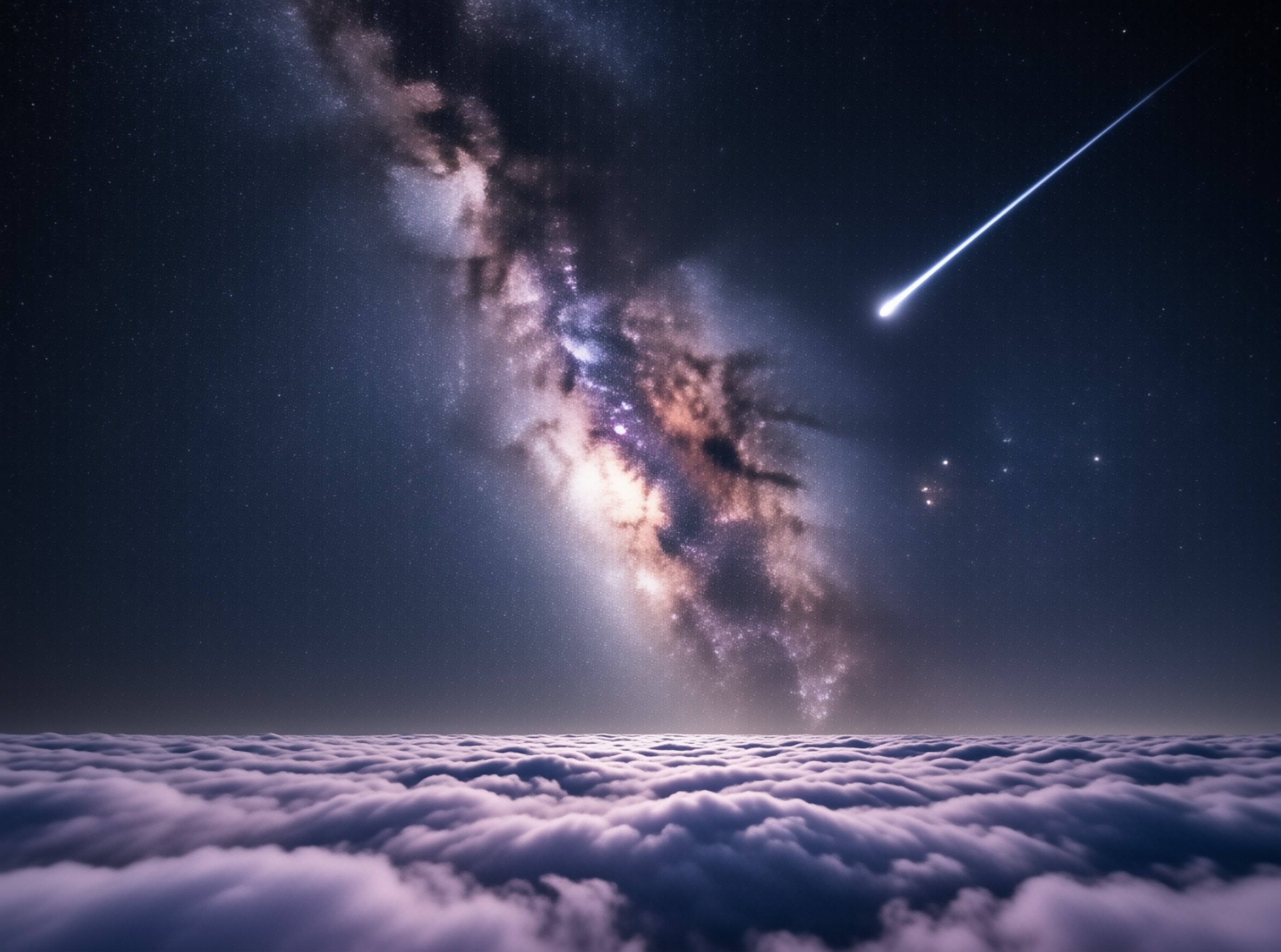 The luminous band of the Milky Way arches across a night sky as a bright meteor trails over a sea of clouds