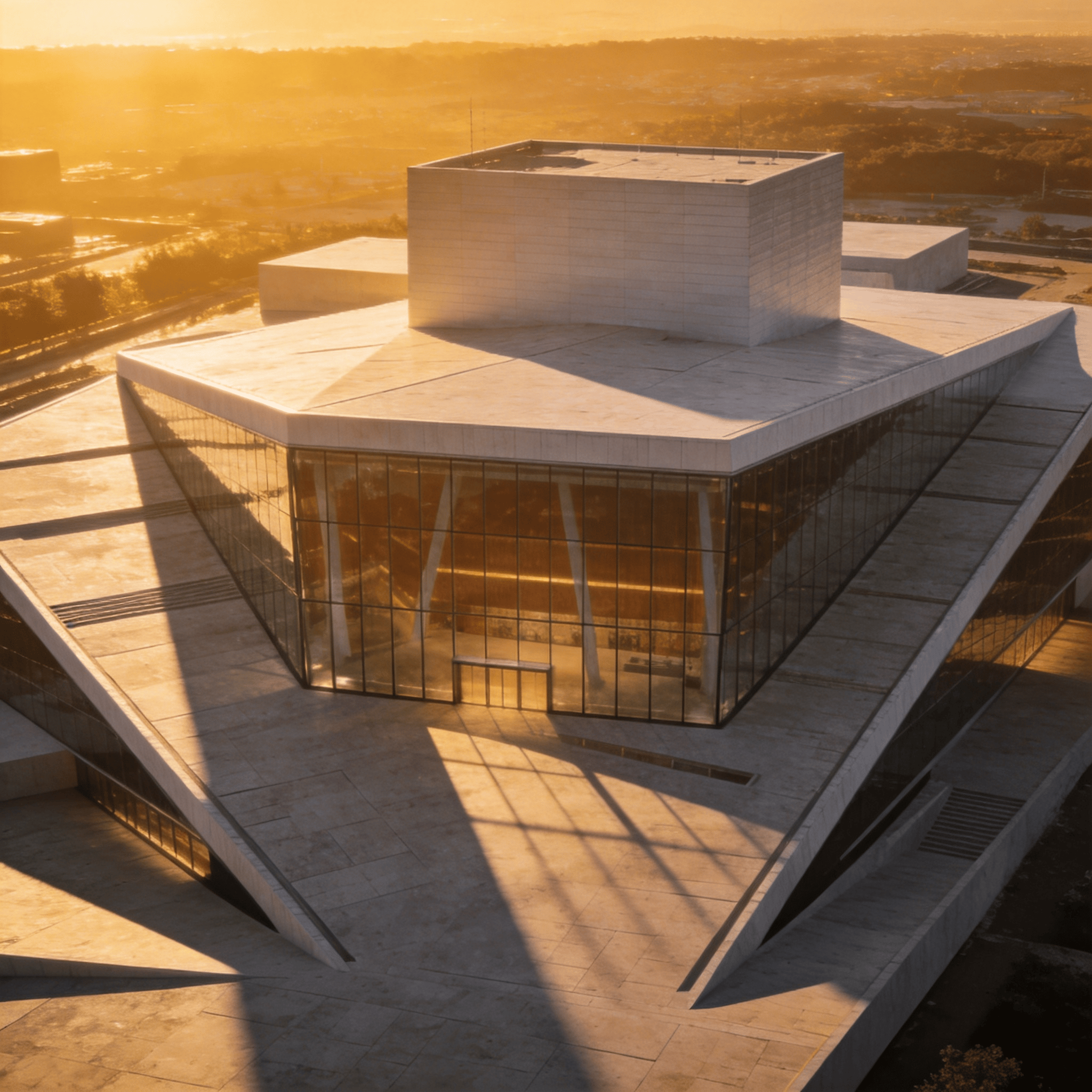 Museum with Glass Curtain Wall — Golden Sunset