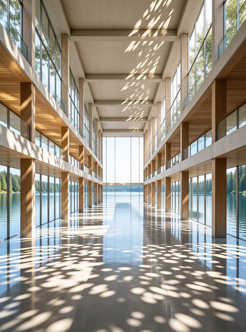 Modern corridor displays wood columns and glass railings facing a calm water body where sunbeams paint the floor.