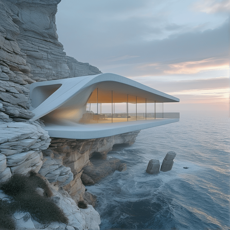A sleek white building curves out from a rocky seaside cliff with warm interior lighting visible through windows.
