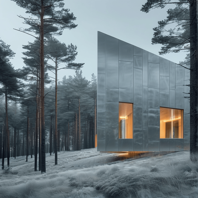 A sleek angular cabin clad in pale metal panels stands among tall pines as warm light spills from its windows.
