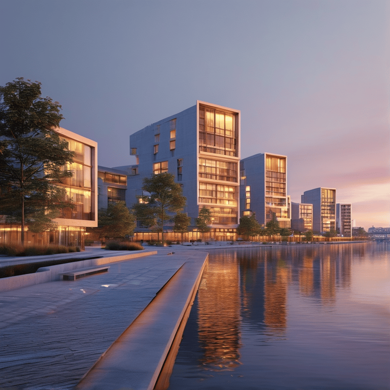 Glows from inside cubic buildings mirror on the water surface beside a tree-lined path.
