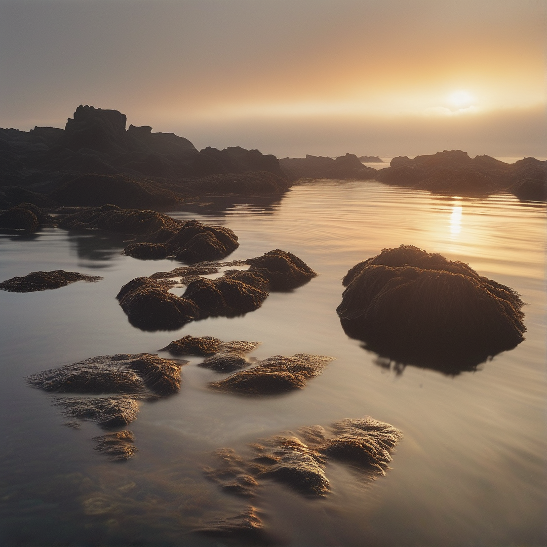 Mossy rocks emerge from calm water as the sun sets over a distant coastline bathed in warm light.