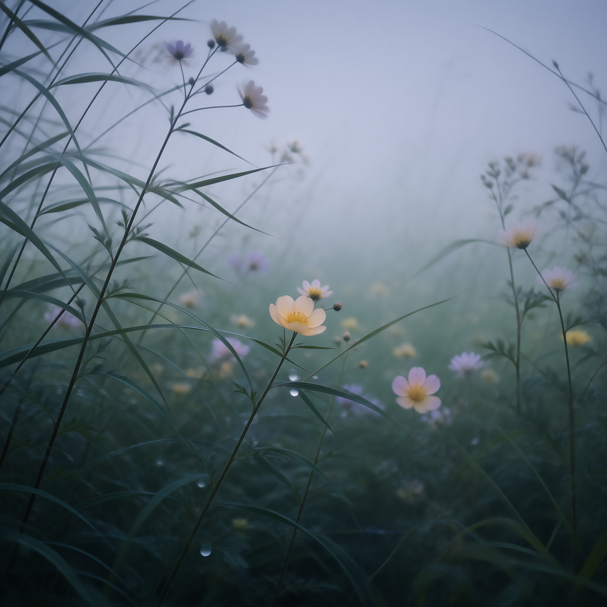 Dewy Wildflowers in the Mist