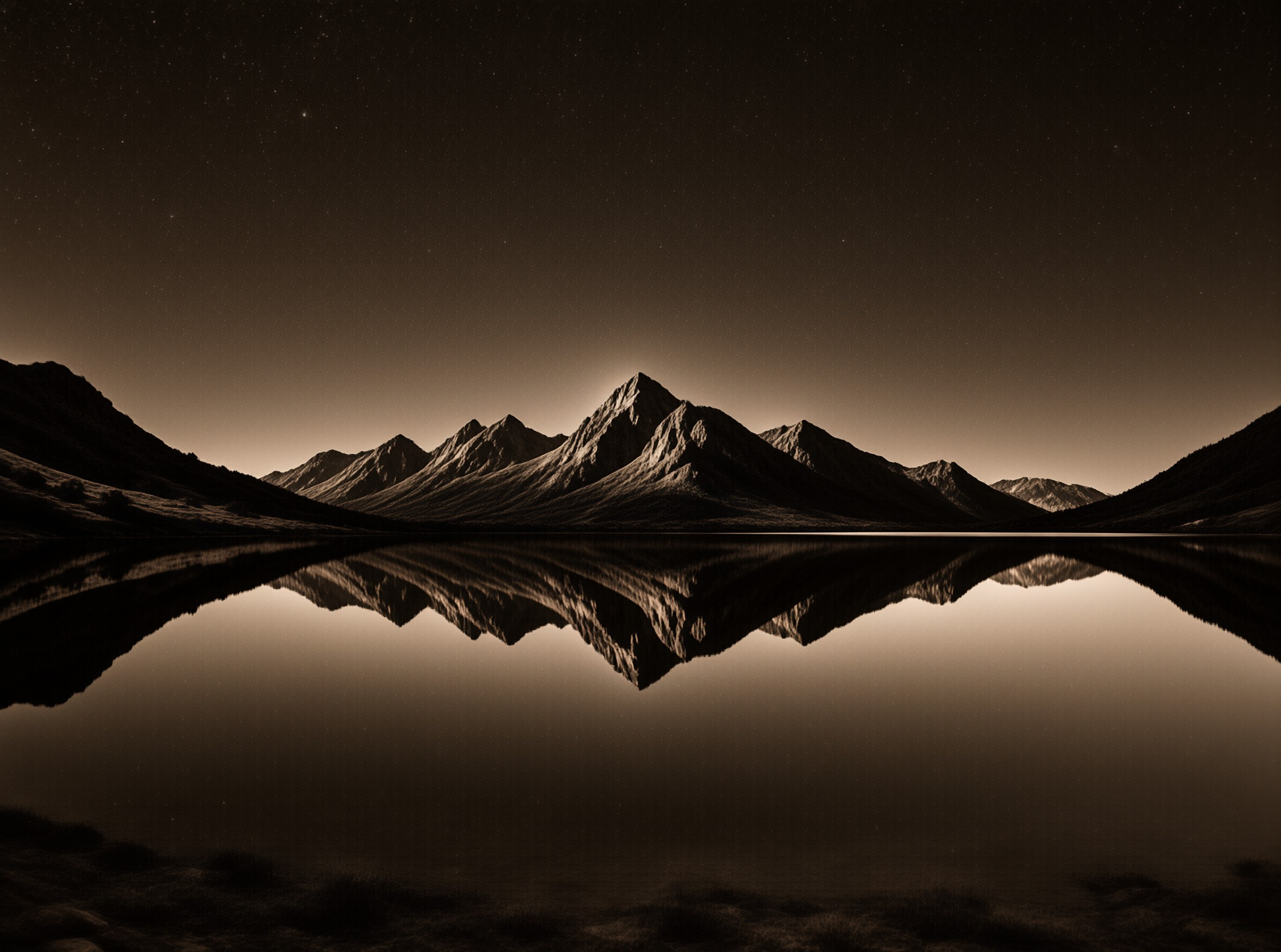 A rugged mountain range stands above a still lake that reflects its silhouette against a starry sky.