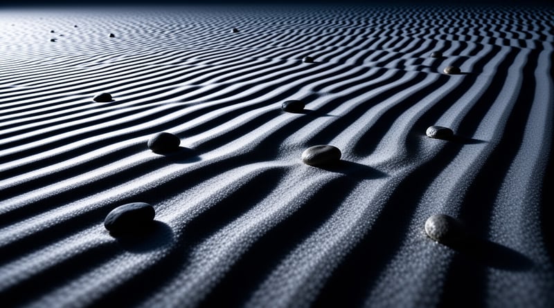 Several dark pebbles are scattered across a field of rippled blue-grey sand, where strong side lighting creates deep shadows and highlights the grainy texture of the ground.