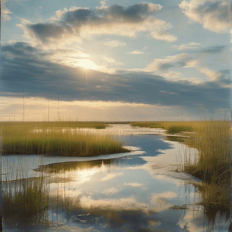 Winding water channels in a wetland reflect a bright sun breaking through scattered clouds.
