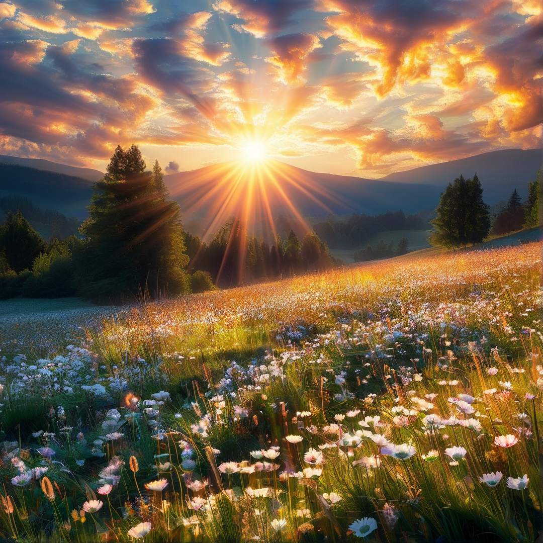 Sunrays Over Flower Meadow