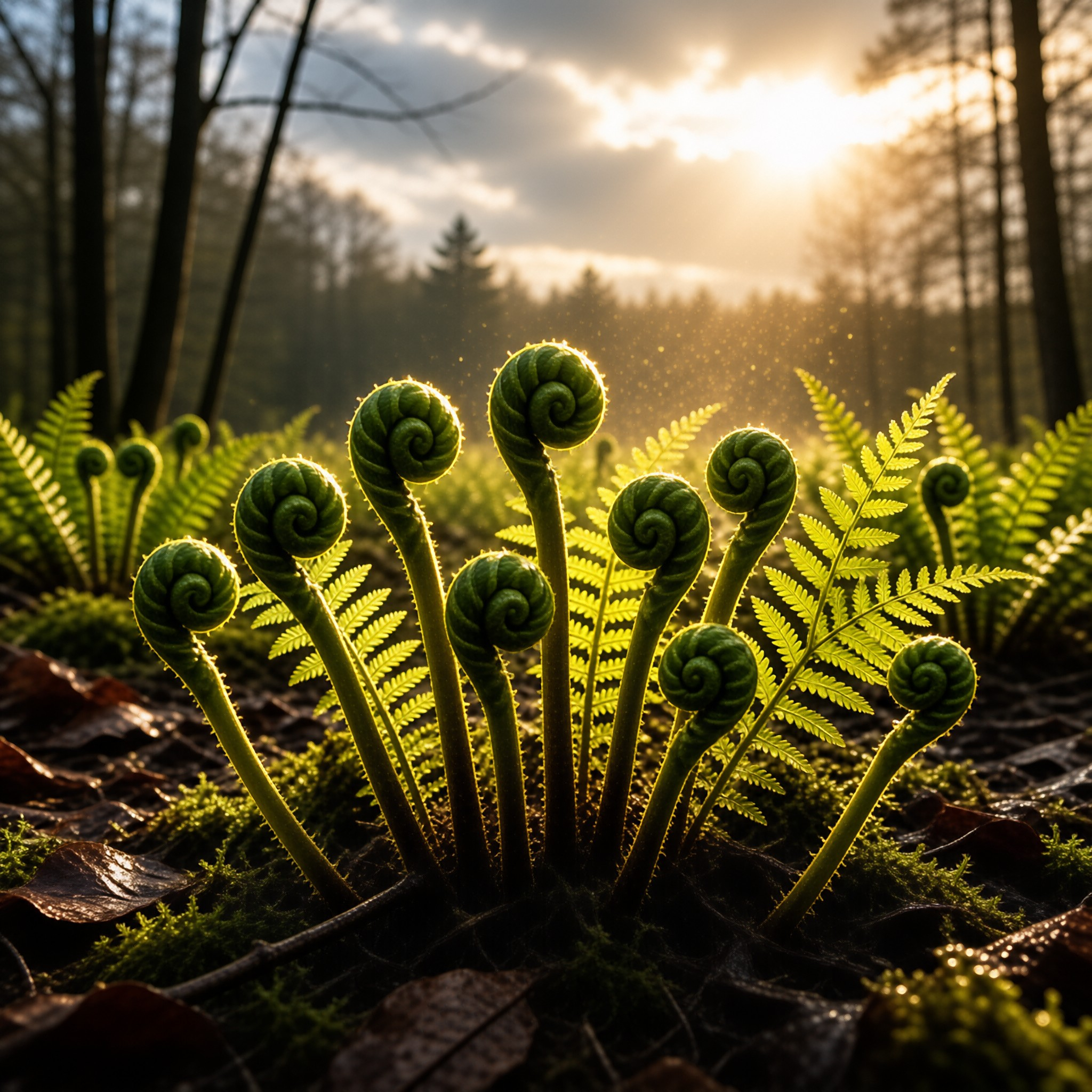 Unfurling Ferns in Golden Light