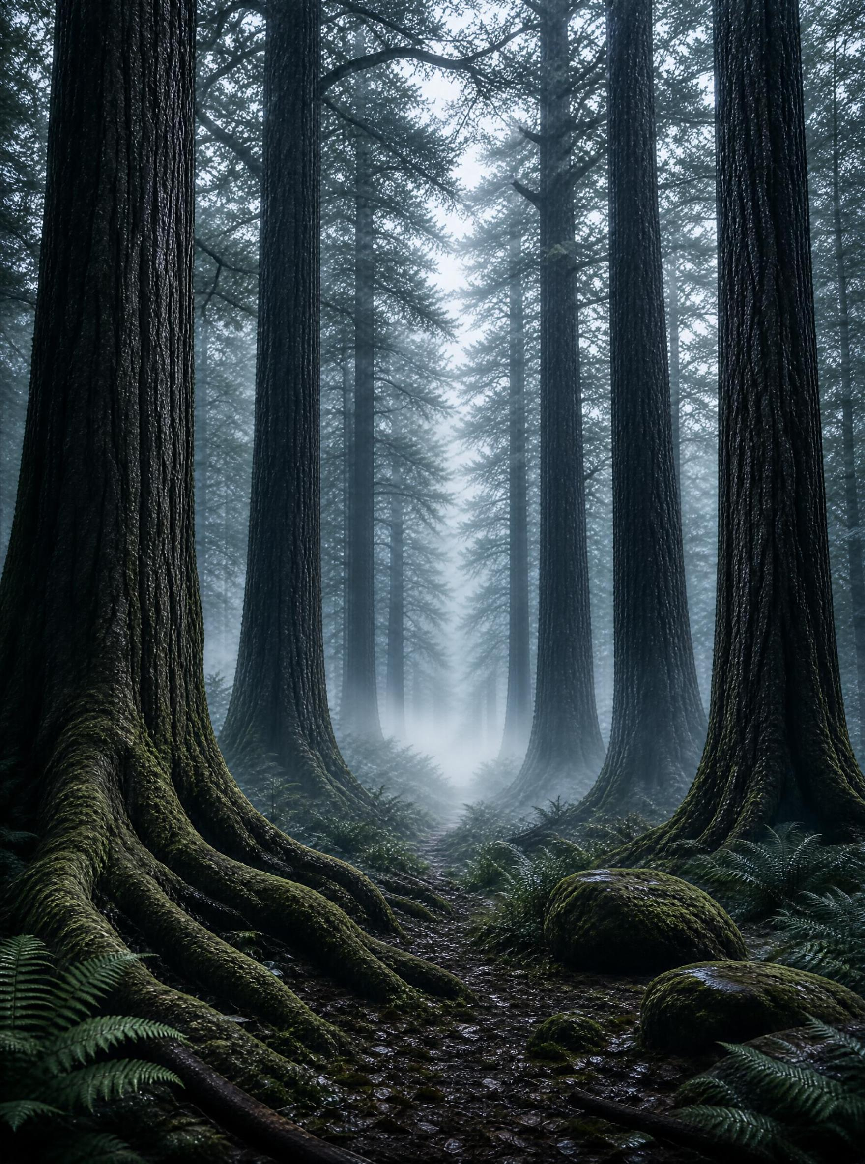 Misty Forest with Giant Trees