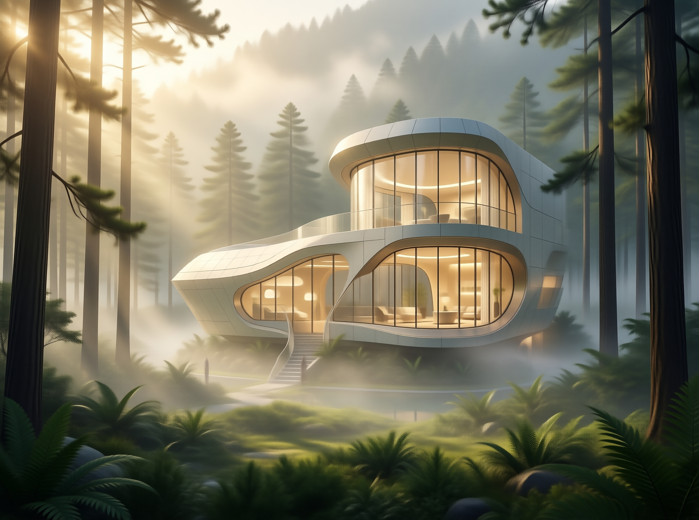 Futuristic House in Misty Forest