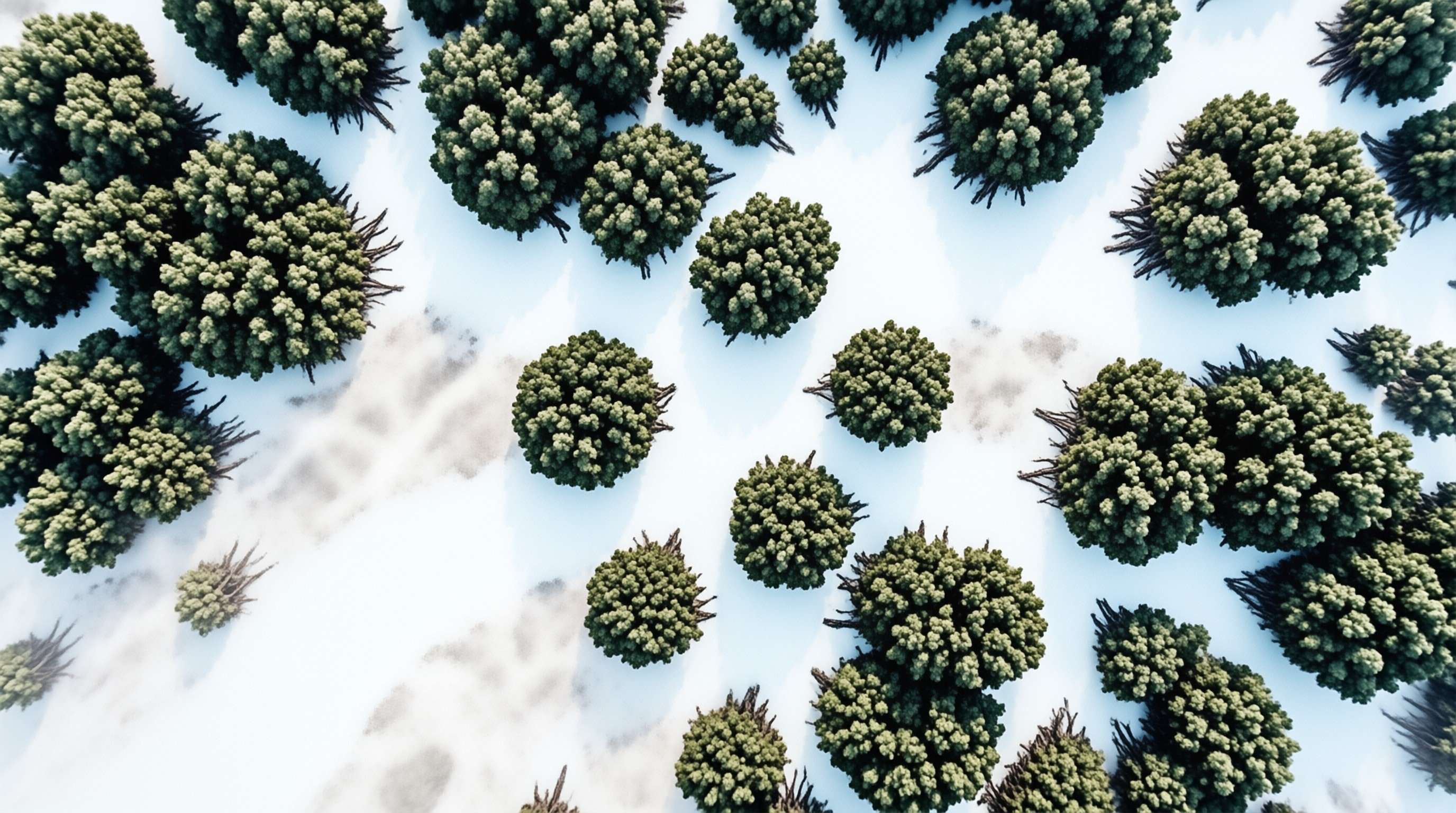 Aerial view of green shrub-like trees scattered across a white snowy field with long shadows cast by low sun.