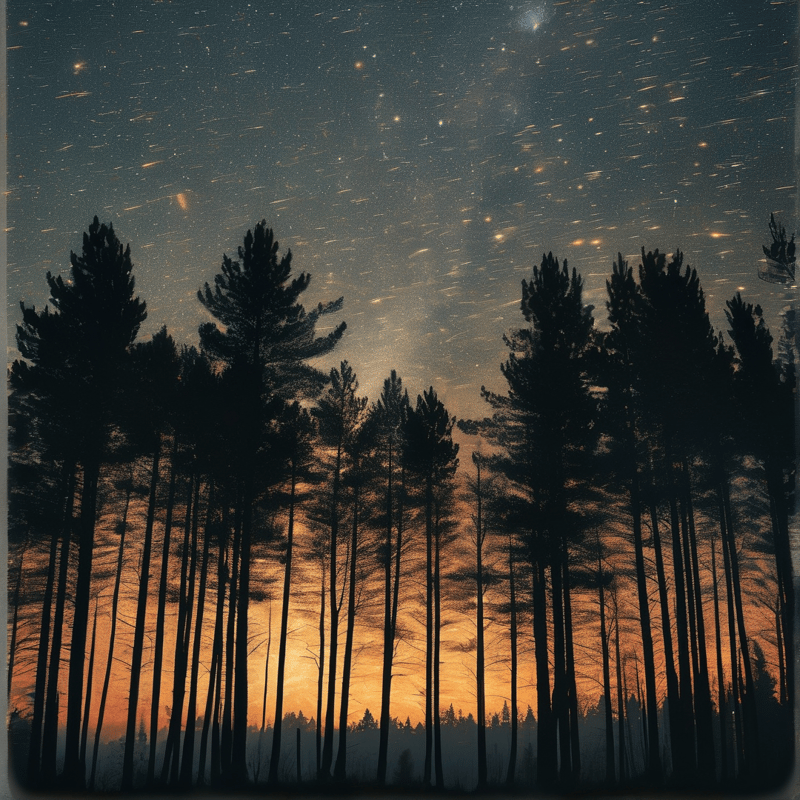 Silhouetted pine trees rise above a glowing horizon beneath a vast starry night sky.