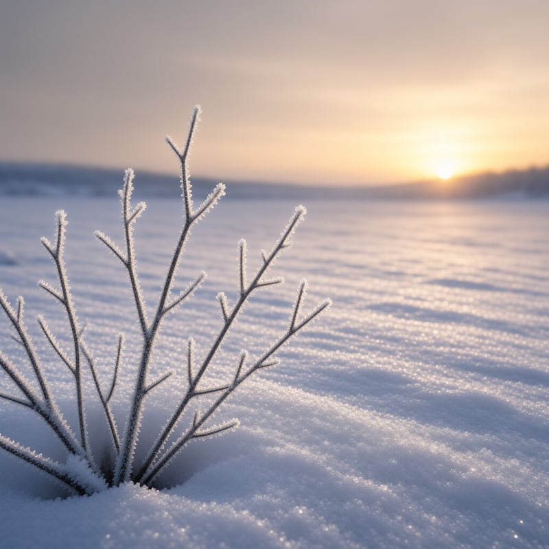 Frosty twigs emerge from deep snow while a bright sun casts a warm glow across the distant landscape.