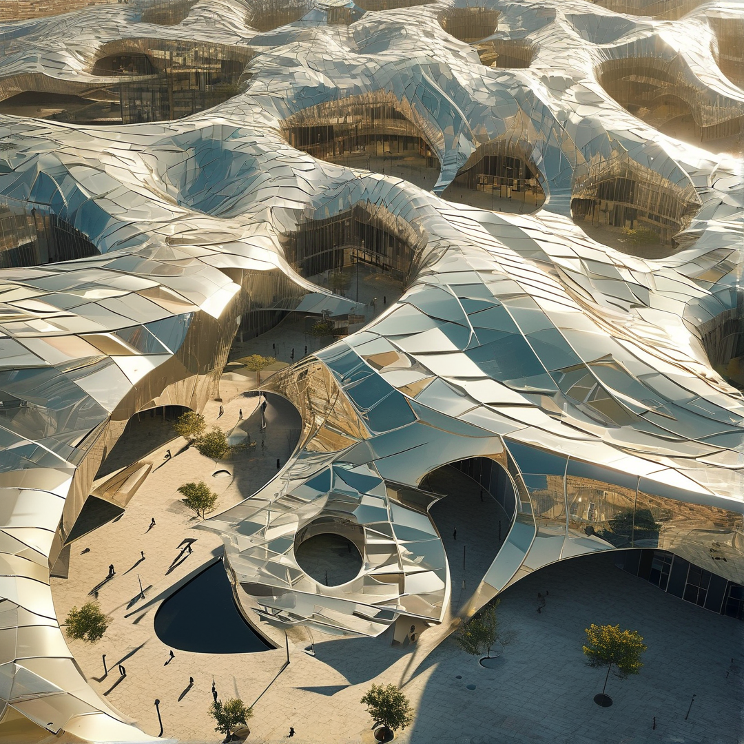 A flowing wavy metallic glass building curves over a sun-drenched sandy plaza dotted with small trees and walking figures.