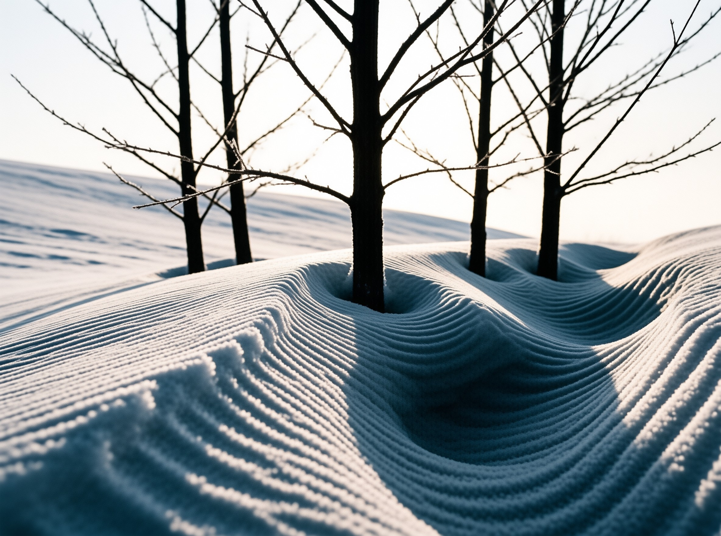 Slender leafless saplings rise from wind-carved ridges of white snow sculpted into soft waves under a pale winter sky