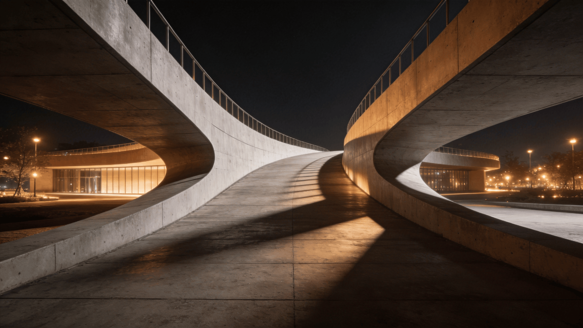 Bridge with Curved Concrete — Night With Warm Lights