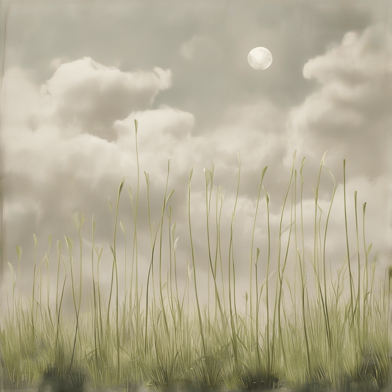Tall thin grasses stand against a cloudy sky with a bright white moon visible above the misty field.