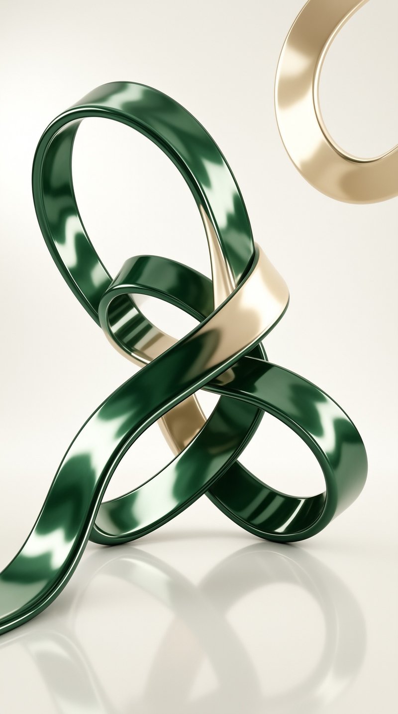 A glossy emerald green ribbon twists into looping curves beside a champagne gold band on a pale reflective surface