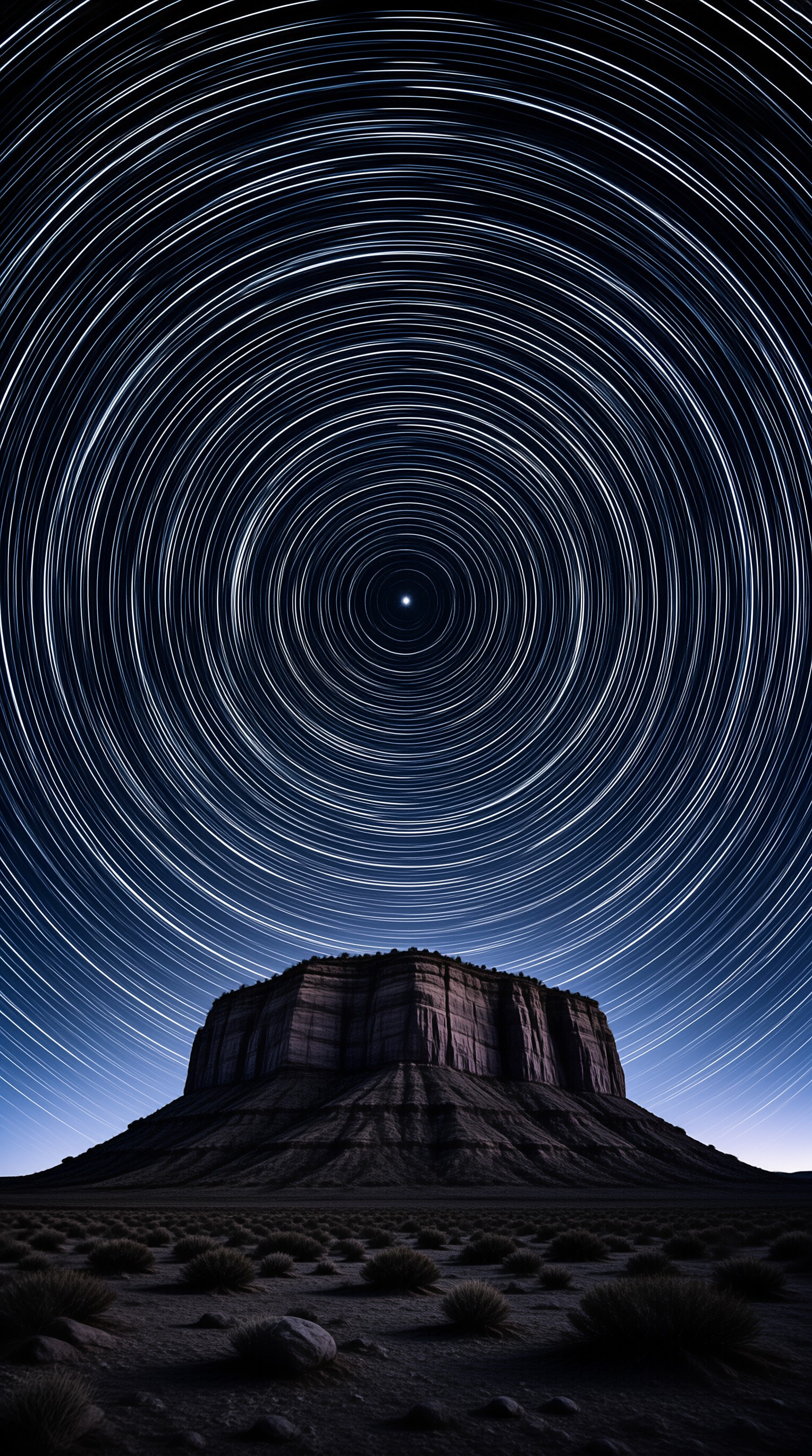 A flat topped rock formation rises above a desert floor beneath a sky filled with circular white star trails radiating from a central point.