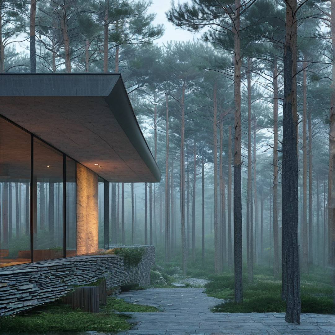 Modern glass pavilion with warm light stands next to a stone wall in a misty pine forest, near a paved path.
