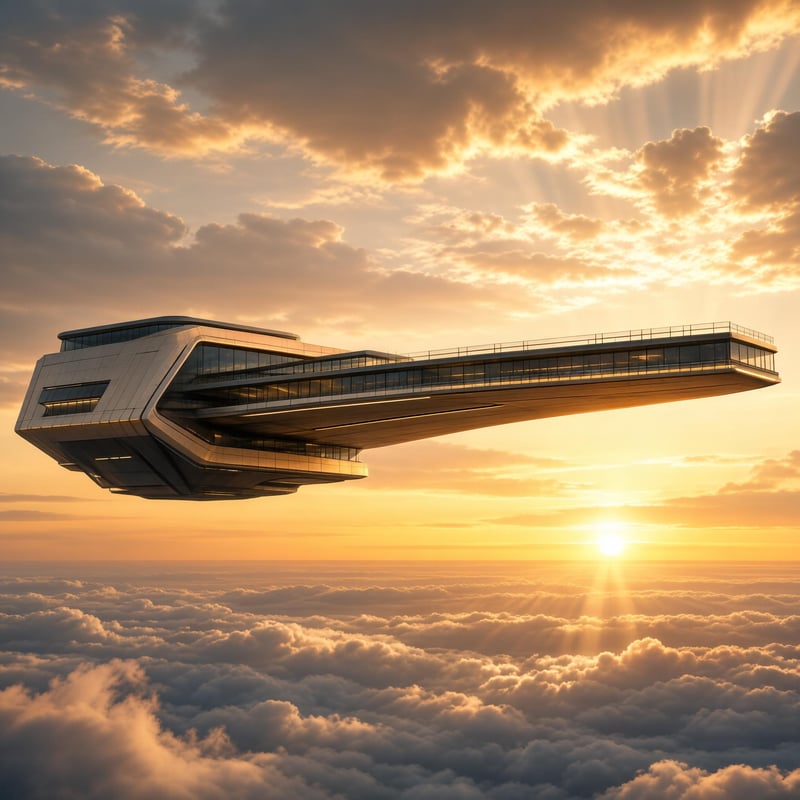 Futuristic Flying Structure at Sunset