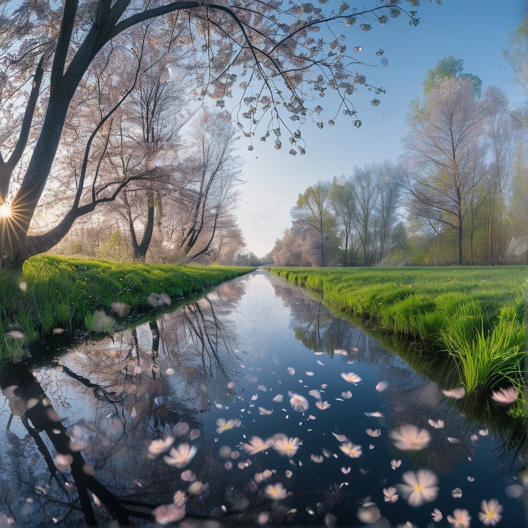 Pink petals float on a calm river reflecting surrounding trees and bright sunlight filtering through branches.
