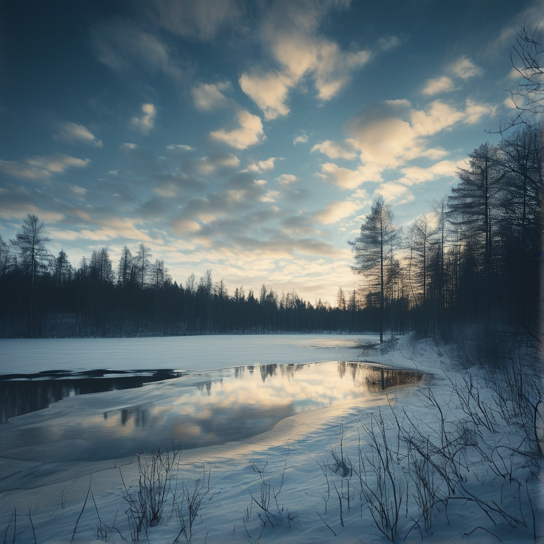 A partially frozen lake reflects the sky and a dark treeline under soft winter light with snow covering the banks.
