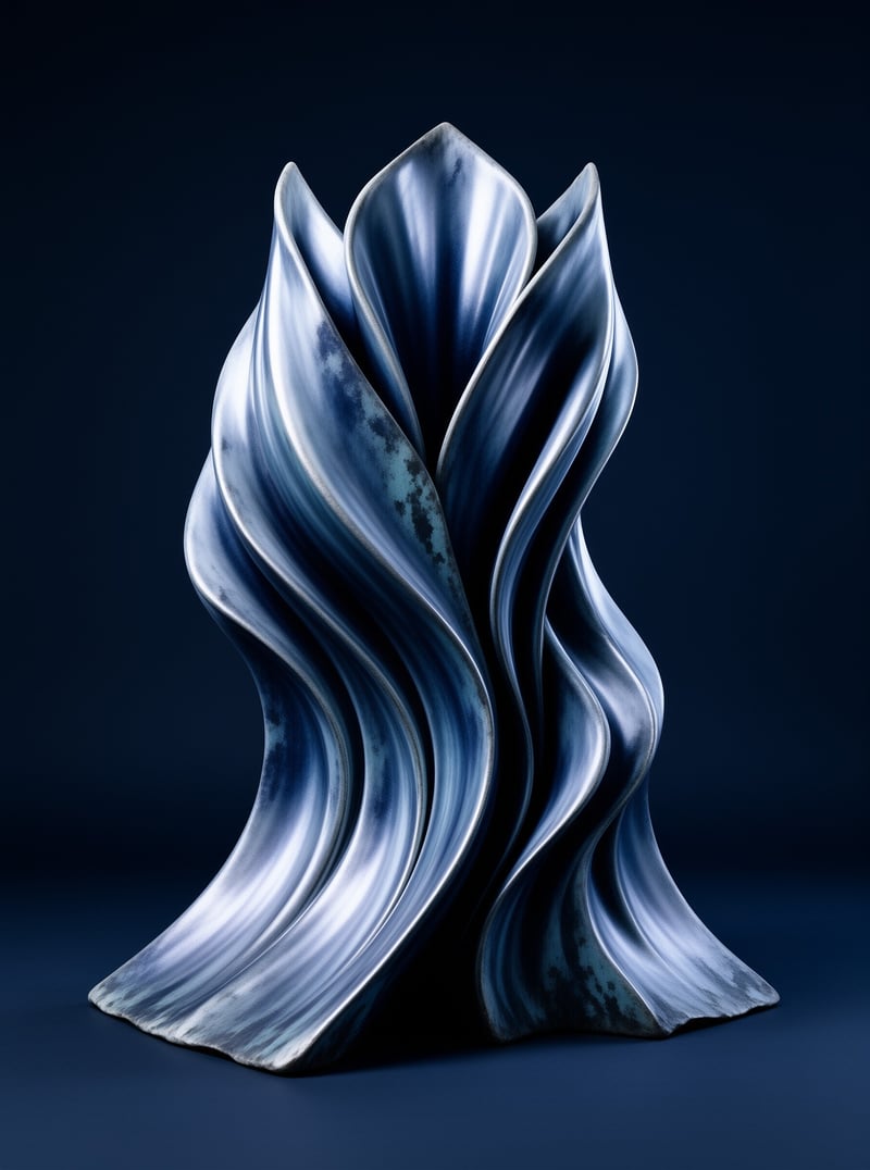 A flowing blue sculpture stands against a dark studio background with smooth reflective highlights
