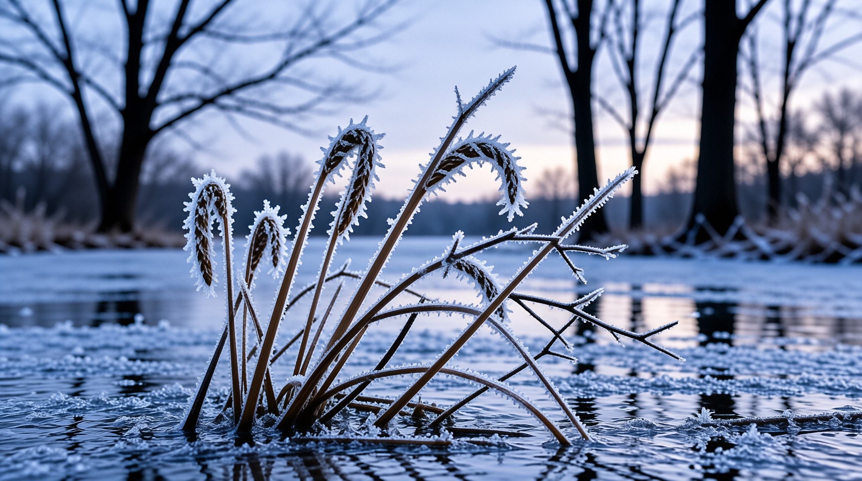 Frosted Reeds on Frozen Lake
