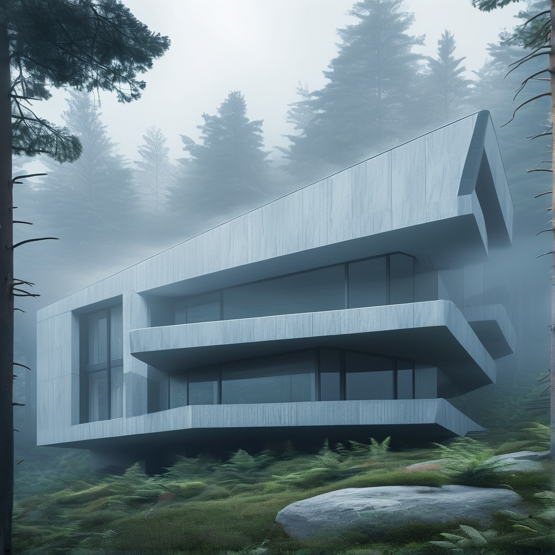 Modern Cabin in Misty Forest