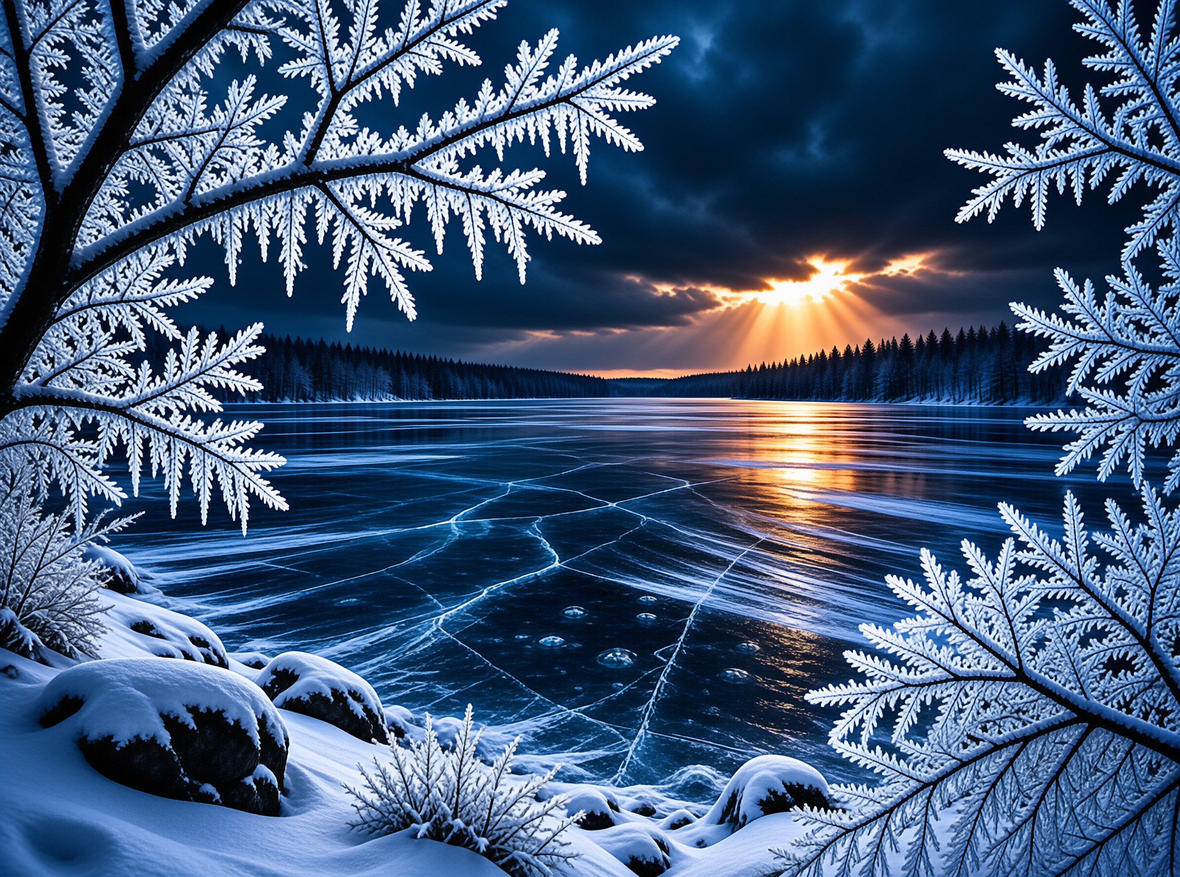 Winter Frozen Lake at Sunset