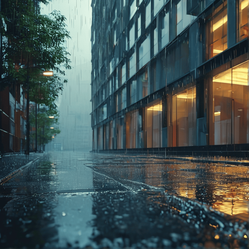 A rainy urban street shows pooled water reflecting warm orange light from a modern glass building while streetlights glow along the misty left side.