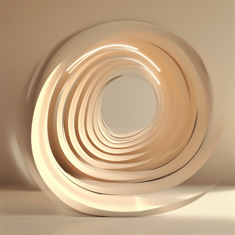 Concentric rings form a beige spiral tunnel glowing softly in a neutral space.